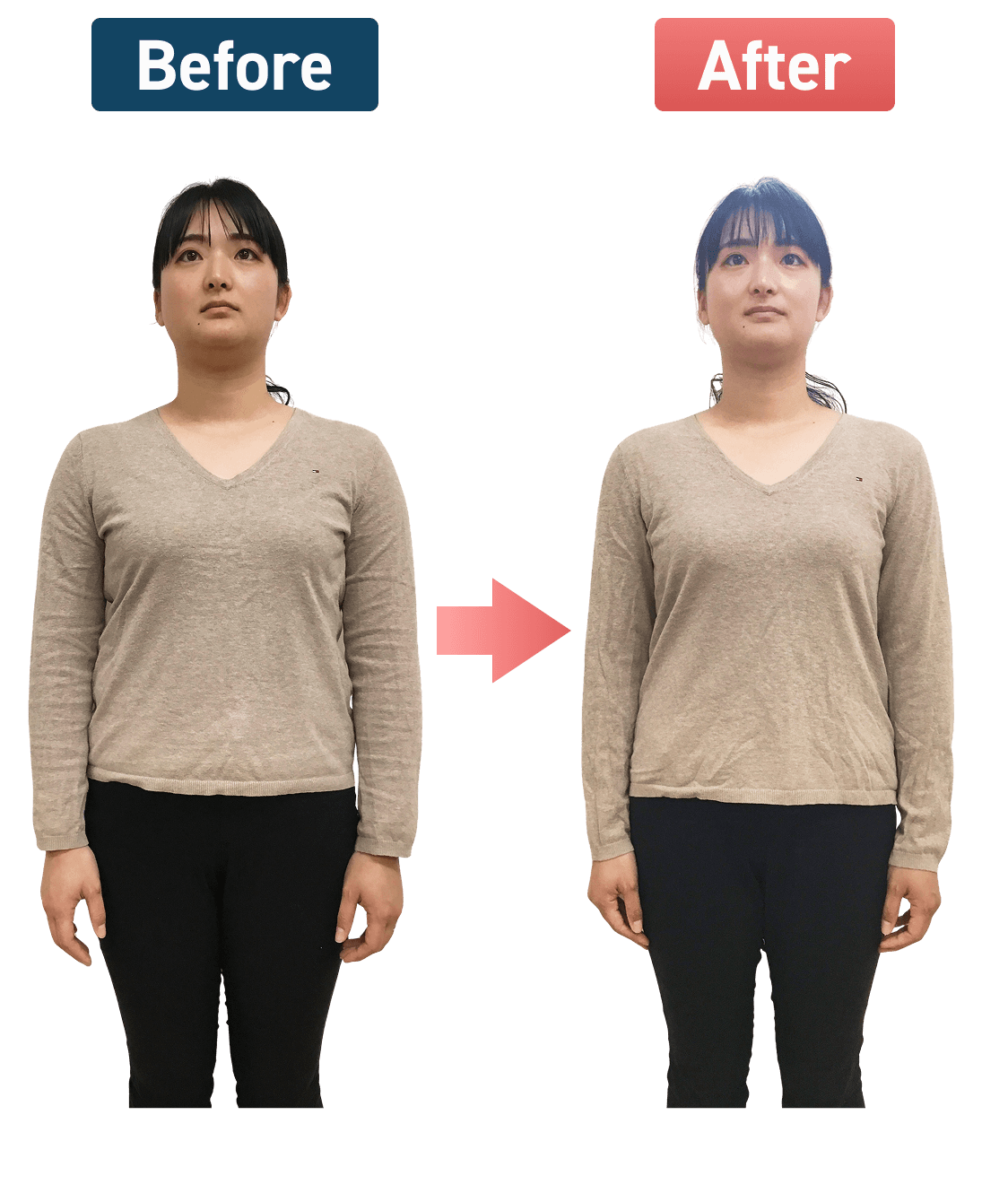 3ヶ月で10.5kg痩せたMMさまのBefore → Afterの写真（正面）